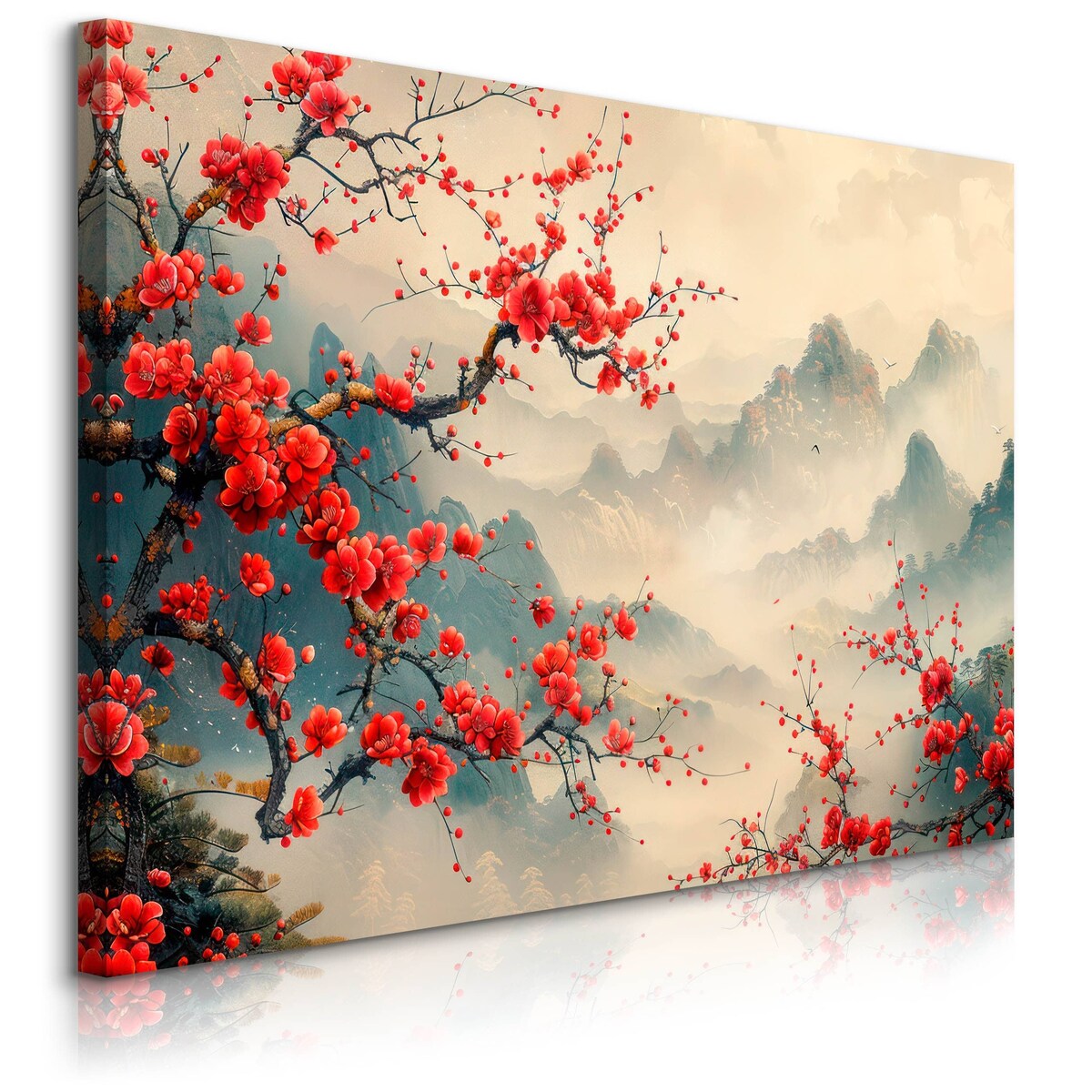 Obraz Canvas Do Sypialni Czerwone Kwiaty Wzgórze Styl Japoński 70x50cm