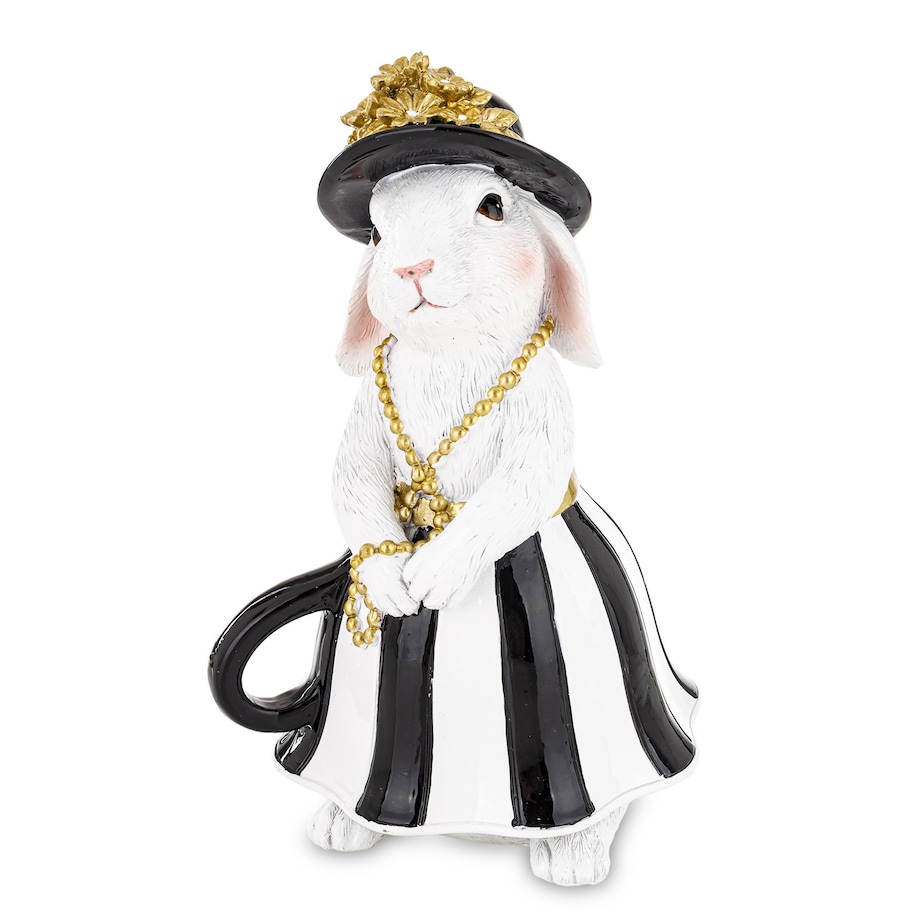 Dekoracja - biała króliczka w czarnym kapeluszu 17,5x10,5x10,5 cm spódniczka w pasy czarno-białe