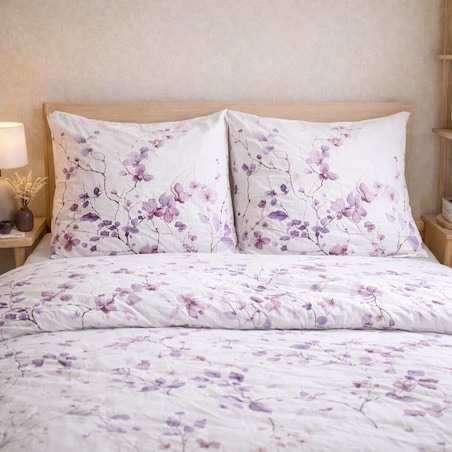 Pościel bawełniana Sakura 160x200 cm biała fioletowa