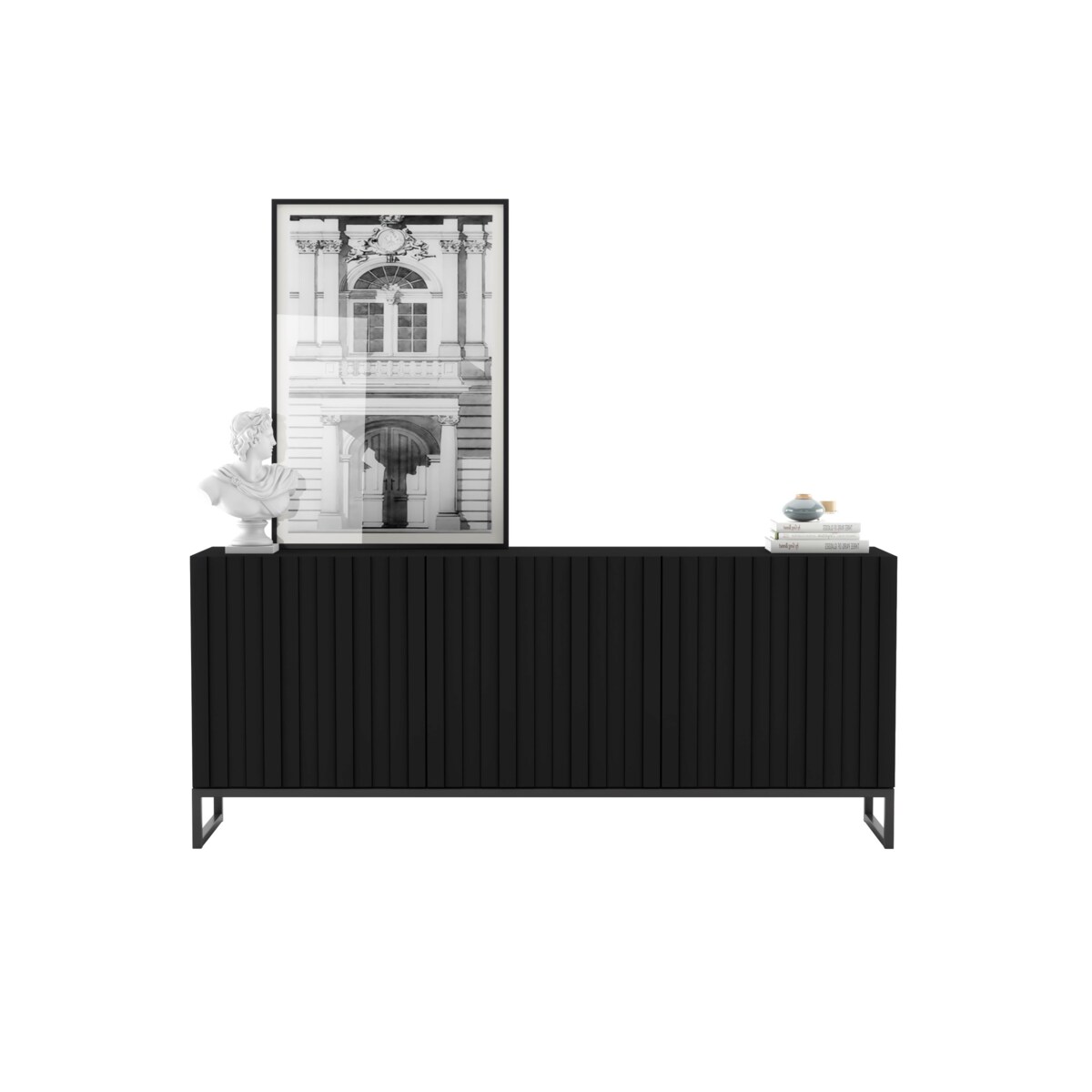 Komoda RTV Industrialna Czarny Mat Szafka RTV Glamour 168 cm Ryflowane fronty