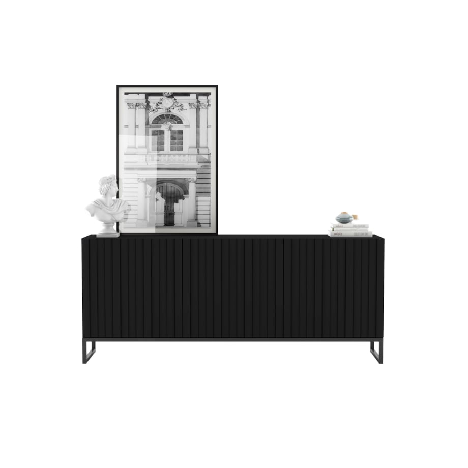 Komoda RTV Industrialna Czarny Mat Szafka RTV Glamour 168 cm Ryflowane fronty