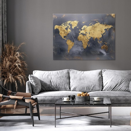 OBRAZ MAPA ŚWIATA CZARNY ZŁOTY NOWOCZESNY NA PŁÓTNIE ŚCIANĘ 120x80