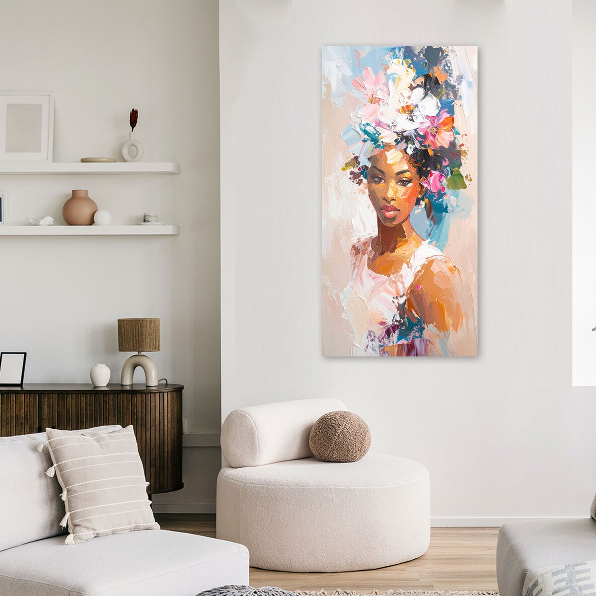 Feeby Obraz do salonu sypialni, Portret kobiety kwiaty abstrakcja 60x120