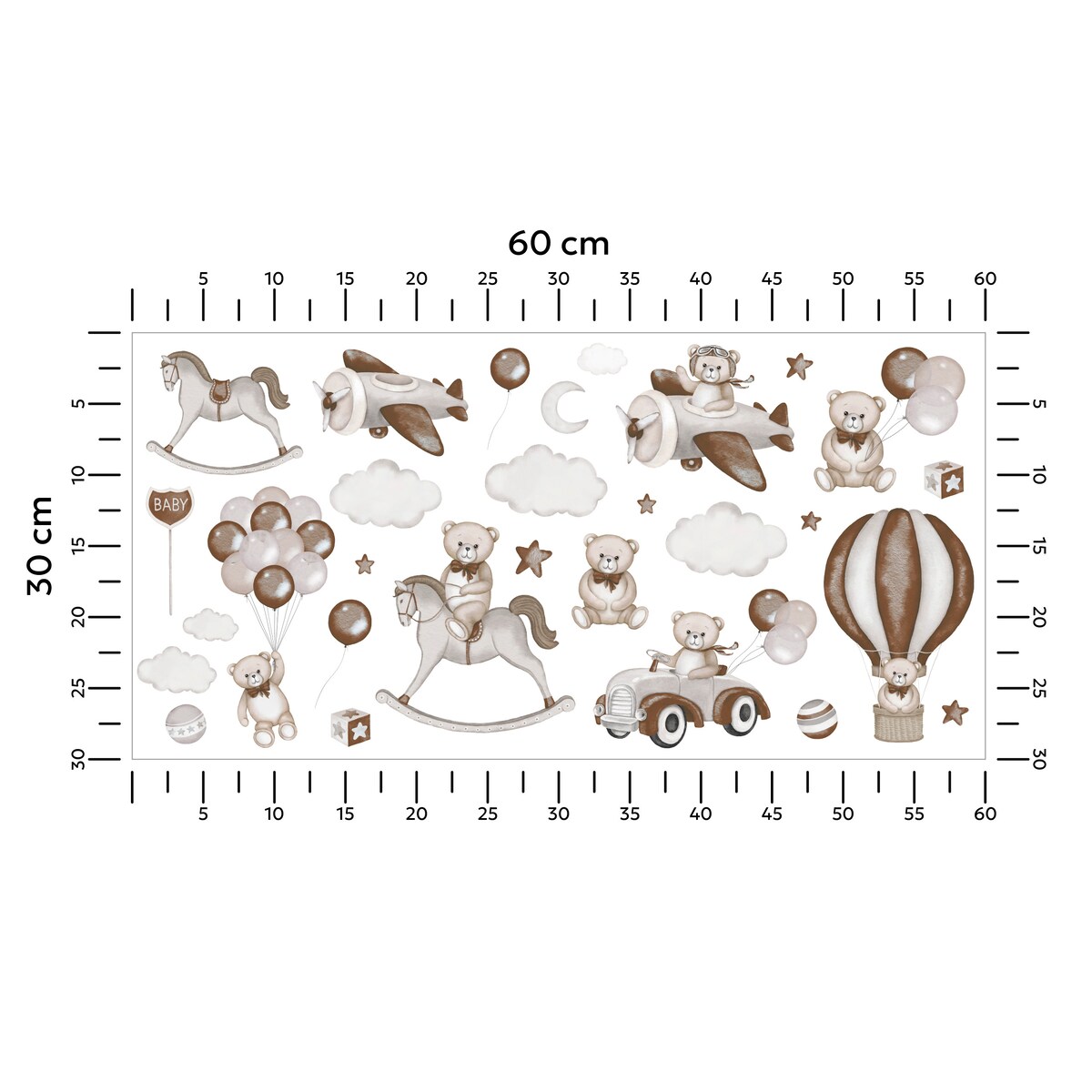 Naklejki Na Ścianę Dla Dzieci Misie Gwiazdy Balonu Koń Na Biegunach Zestaw 60x30cm