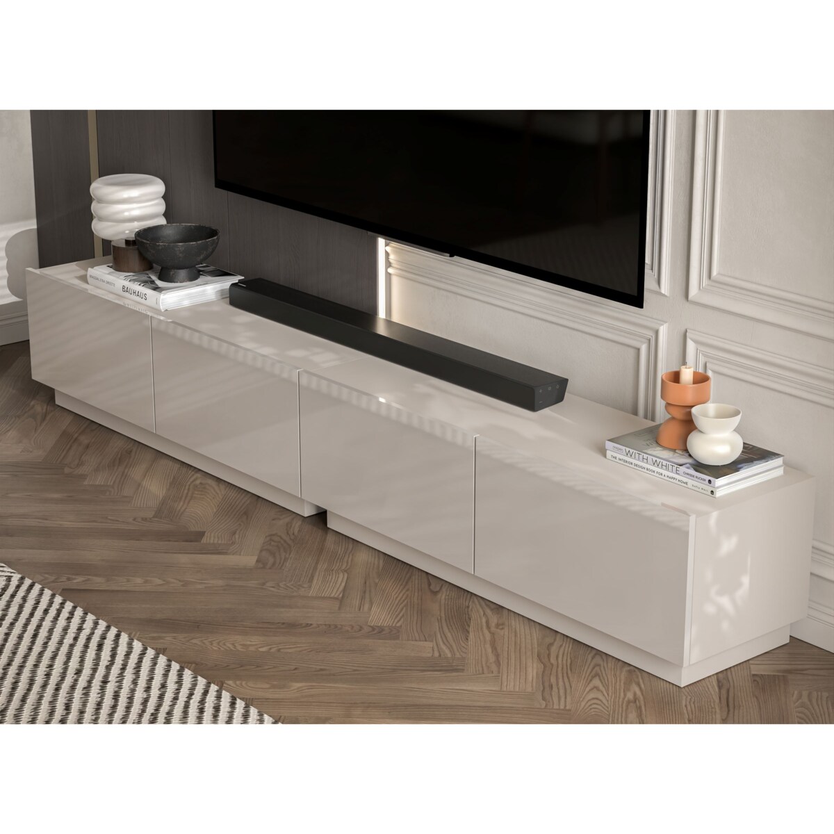 Szafka RTV Glamour Stojąca / Wisząca Komoda RTV Fronty Kaszmir połysk 240 cm