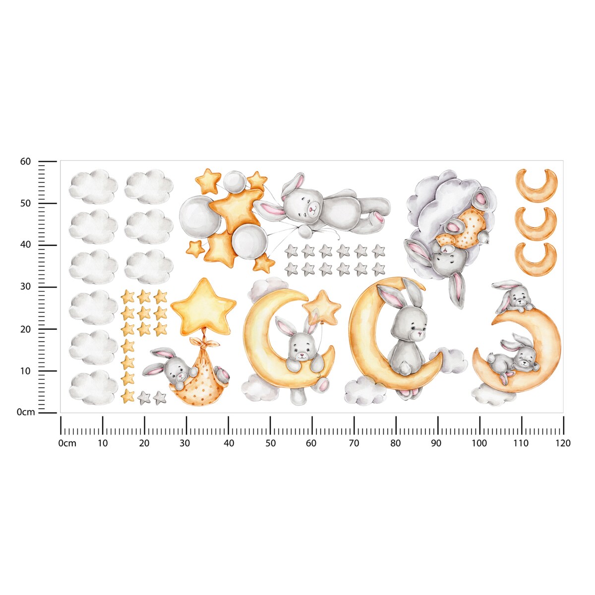 Naklejki Ścienne Dla Dzieci Szare Króliczki Chmurki Gwiazdy Księżyce ZESTAW 120x60cm