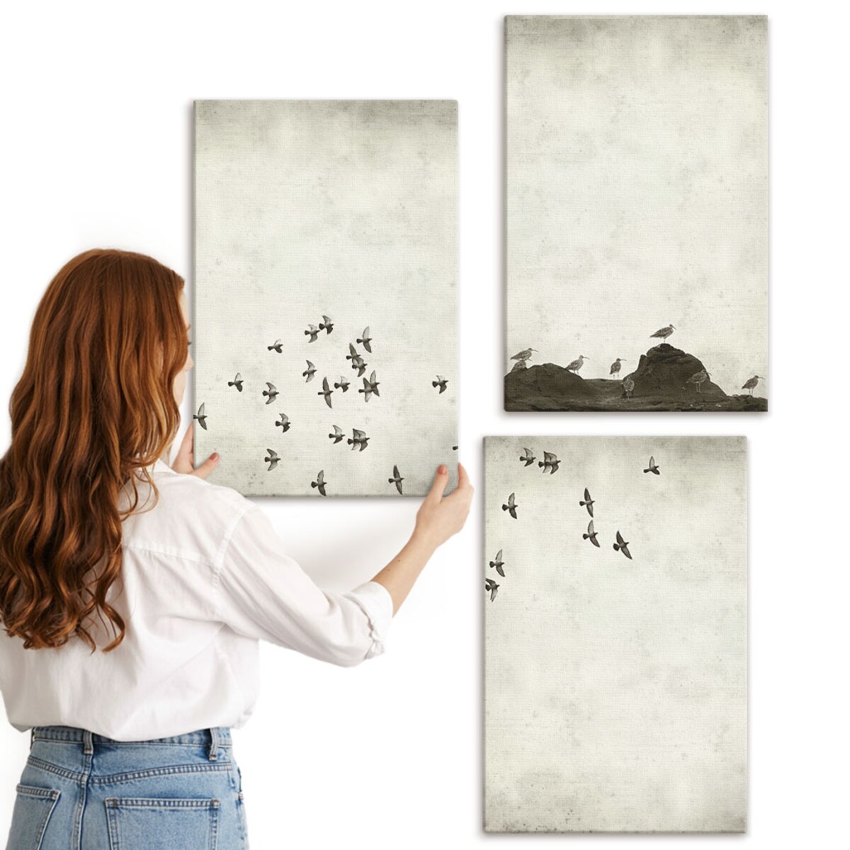 Zestaw 3 dużych obrazów na płótnie - Ptaki w locie styl minimalistyczny - beżowy