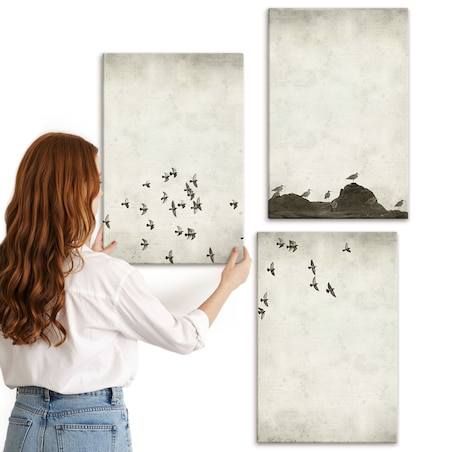 Zestaw 3 dużych obrazów na płótnie - Ptaki w locie styl minimalistyczny - beżowy