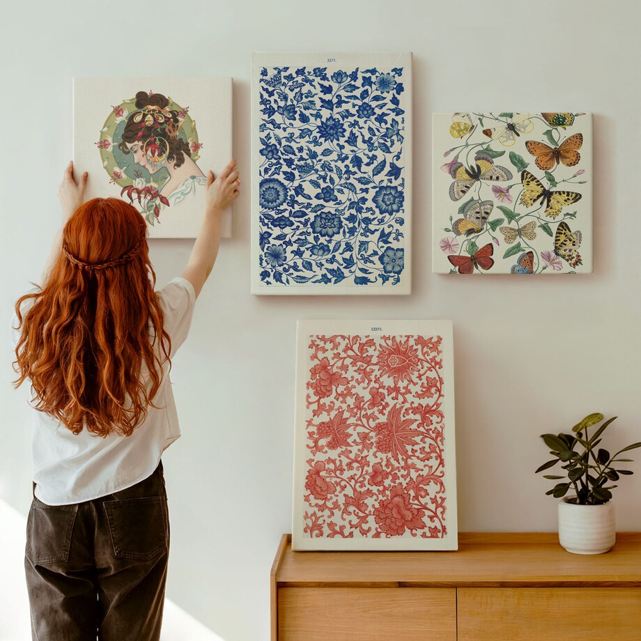 Zestaw 4 obrazów na płótnie - Vintage kwiaty motyle ornamenty - wielokolorowy