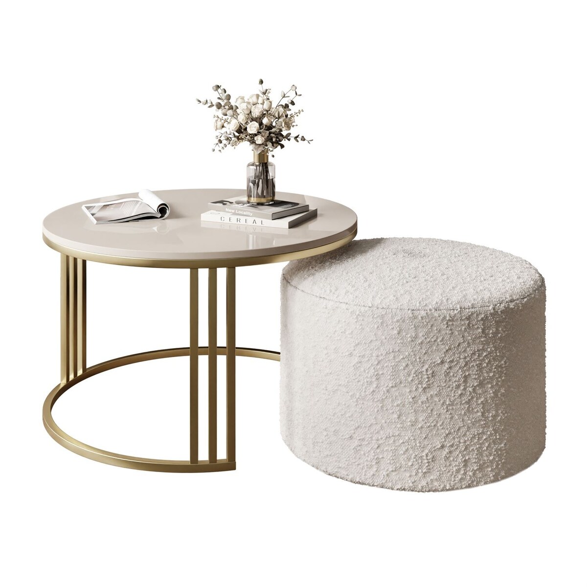 Stolik kawowy z pufą LORI POŁYSK złoto szczotkowane, kaszmir / Coral 65