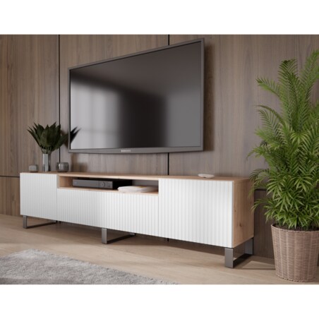 Szafka RTV MARCO na metalowych nogach, frezowane fronty-biała-artisan