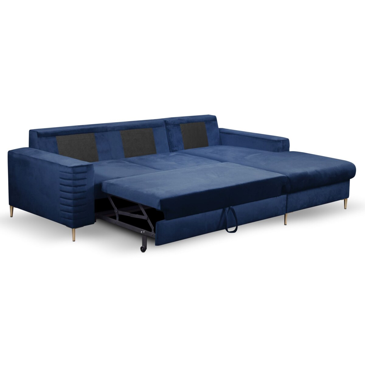 Narożnik rozkładany z zagłówkiem i pojemnikiem OLI, prawostronny, granatowy