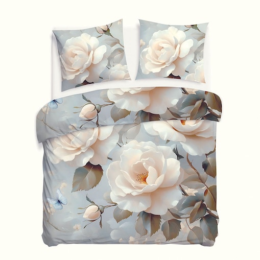 Pościel satyna bawełniana 220x200 Riviera szara w kremowe róże, Satynlove Premium