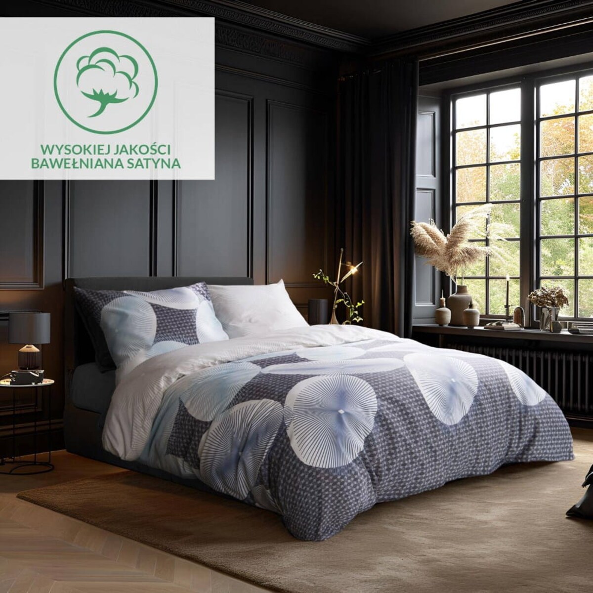 Pościel satyna bawełniana 200x220 Exclusive Enno biała w niebieskie koła