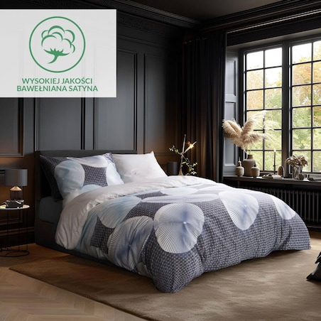 Pościel satyna bawełniana 200x220 Exclusive Enno biała w niebieskie koła