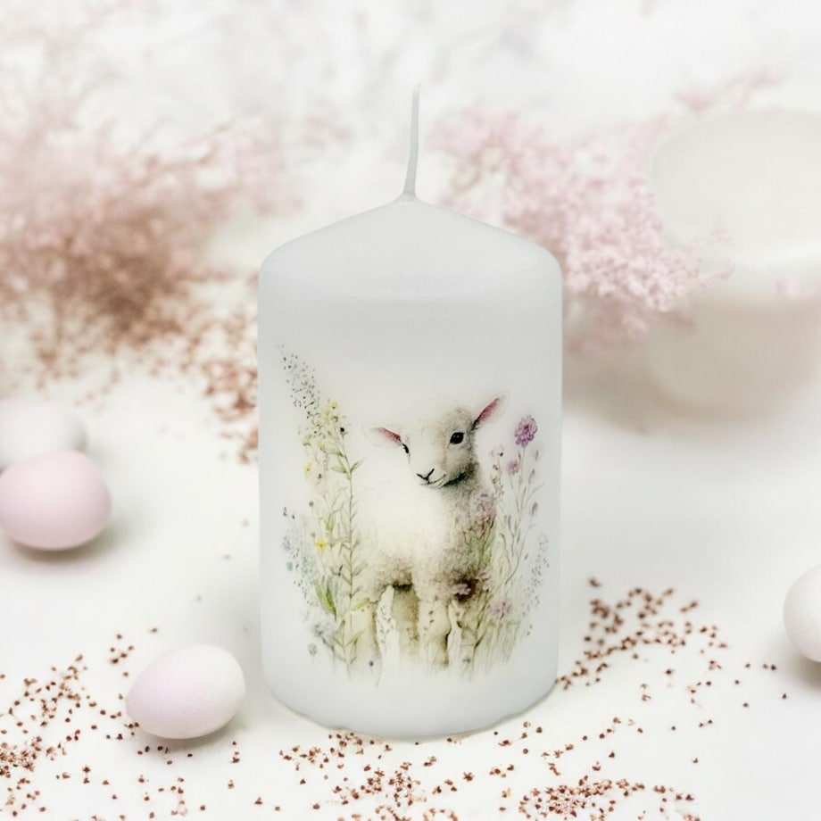 Świeca wielkanocna z barankiem – dekoracja do koszyka wielkanocnego
