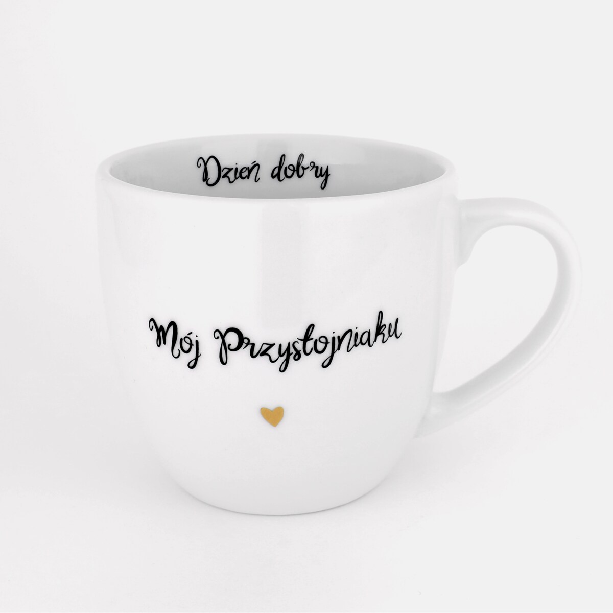 Biały kubek porcelanowy 300 ml - motyw złotego serca i napisu dzień dobry mój przystojniaku dla partnera na walentynki