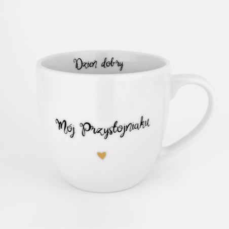 Biały kubek porcelanowy 300 ml - motyw złotego serca i napisu dzień dobry mój przystojniaku dla partnera na walentynki