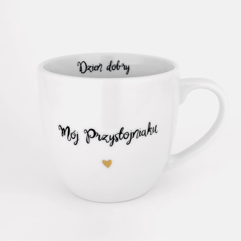 Biały kubek porcelanowy 300 ml - motyw złotego serca i napisu dzień dobry mój przystojniaku dla partnera na walentynki