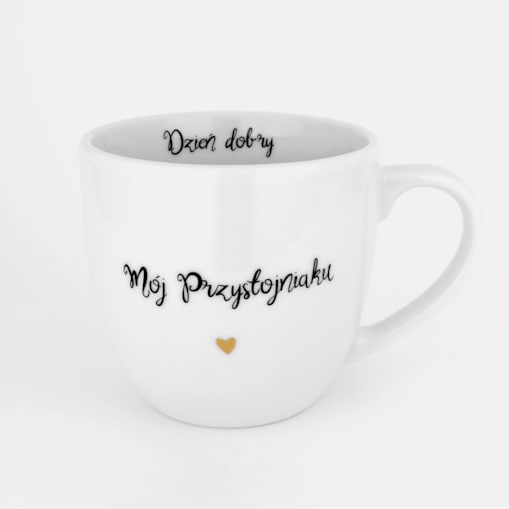Biały kubek porcelanowy 300 ml - motyw złotego serca i napisu dzień dobry mój przystojniaku dla partnera na walentynki
