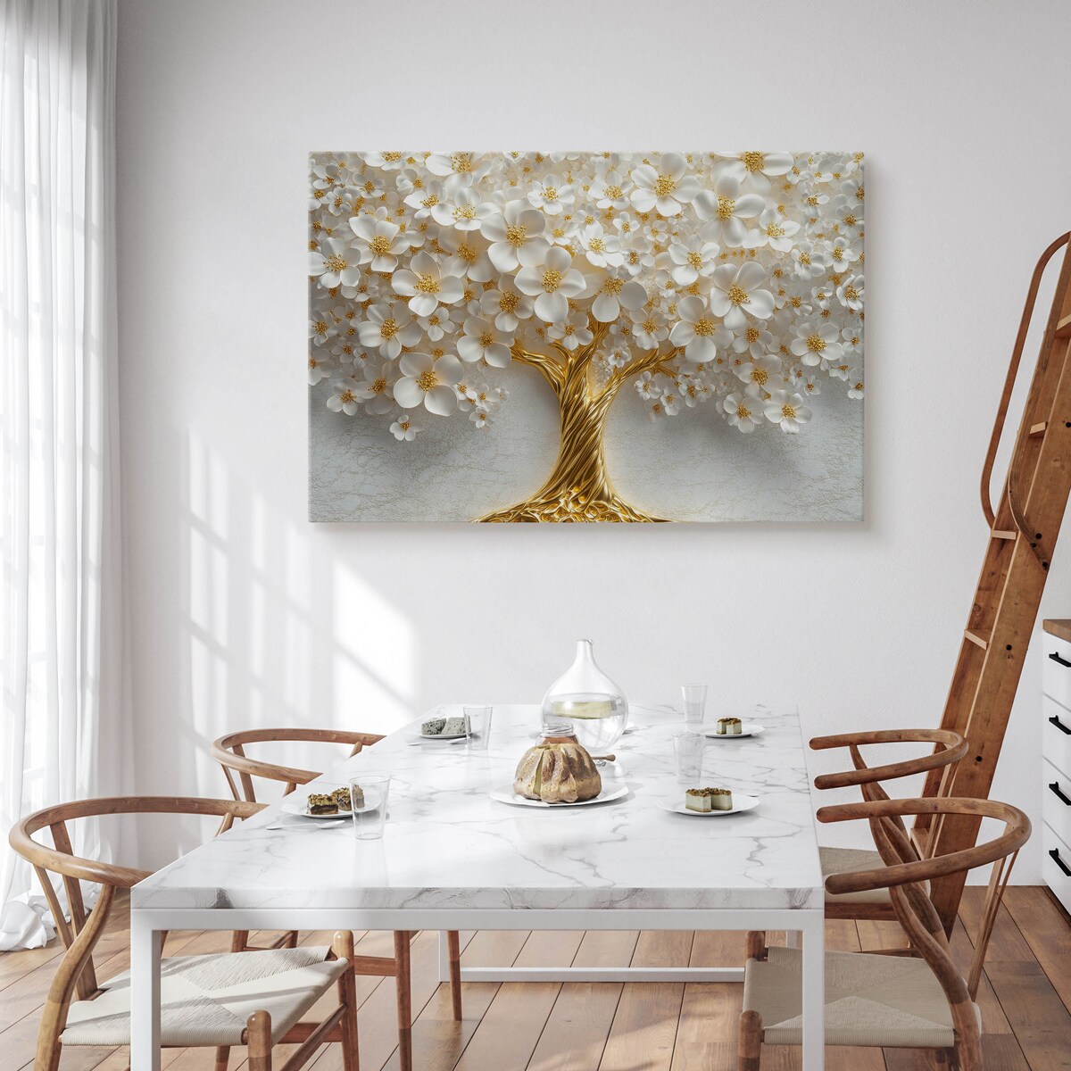 OBRAZ CANVAS DO SYPIALNI SALONU ABSTRAKCYJNE DRZEWO BIAŁE KWIATY 3D 70x50cm