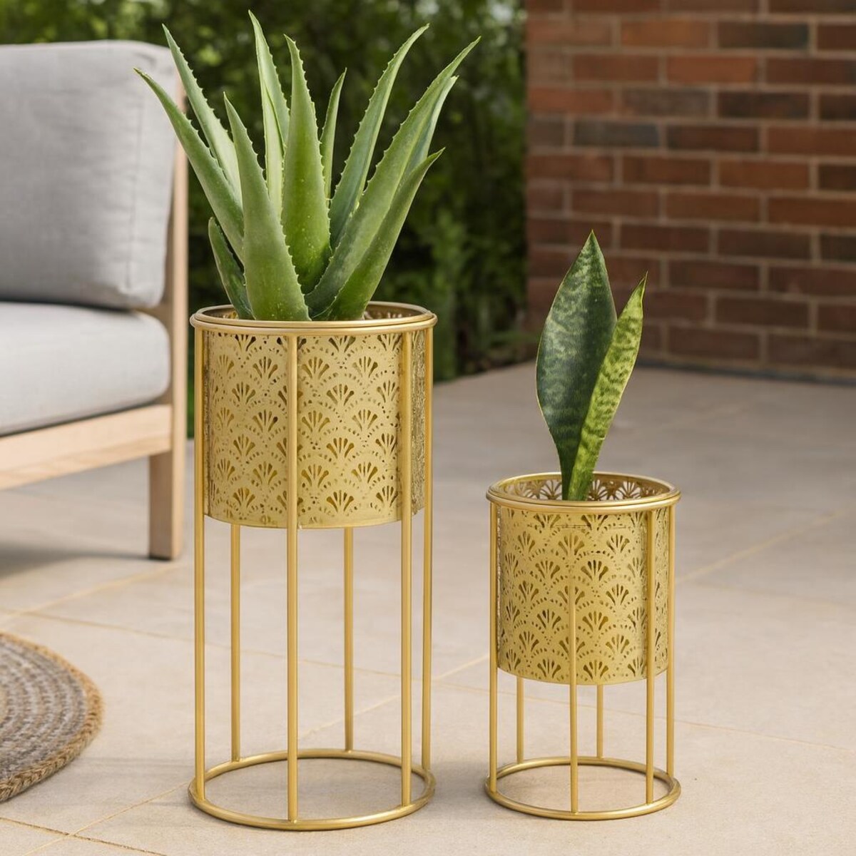 Kwietnik metalowy NAT, zestaw 2 szt., złoty, Ø 21x40 i 19x22 cm