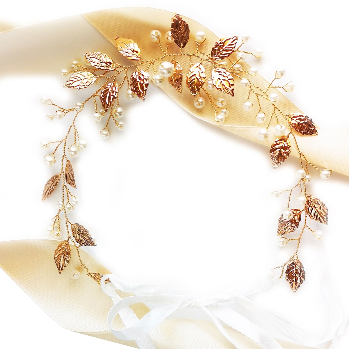 Złota opaska ślubna z listkami i perełkami