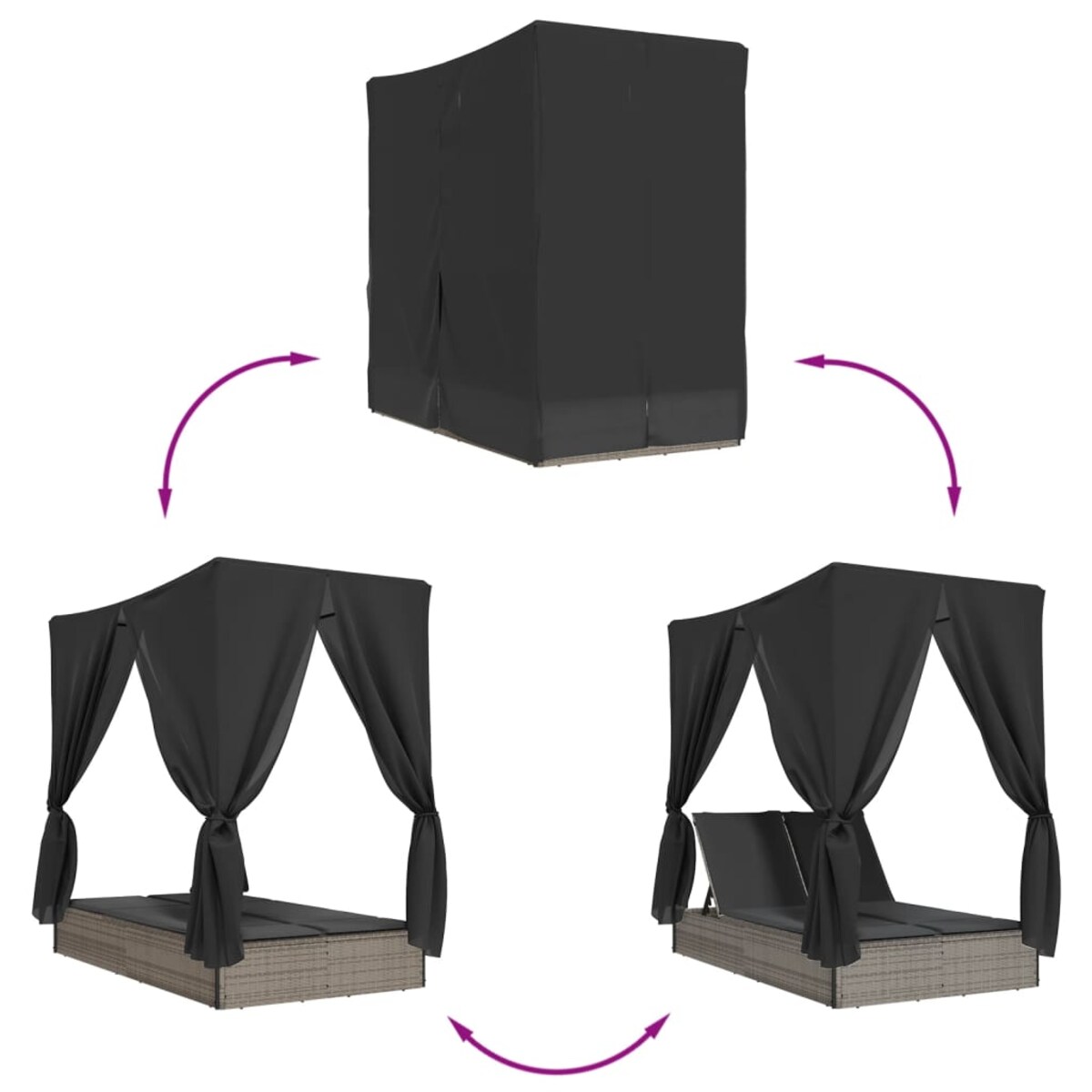 vidaXL Podwójna leżanka z daszkiem i zasłonami, szary polirattan
