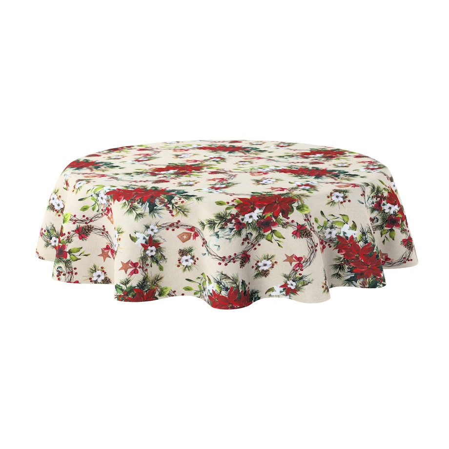 Obrus okrągły 130 x 130 cm gwiazdy betlejemskie na szaro-beżowym tle