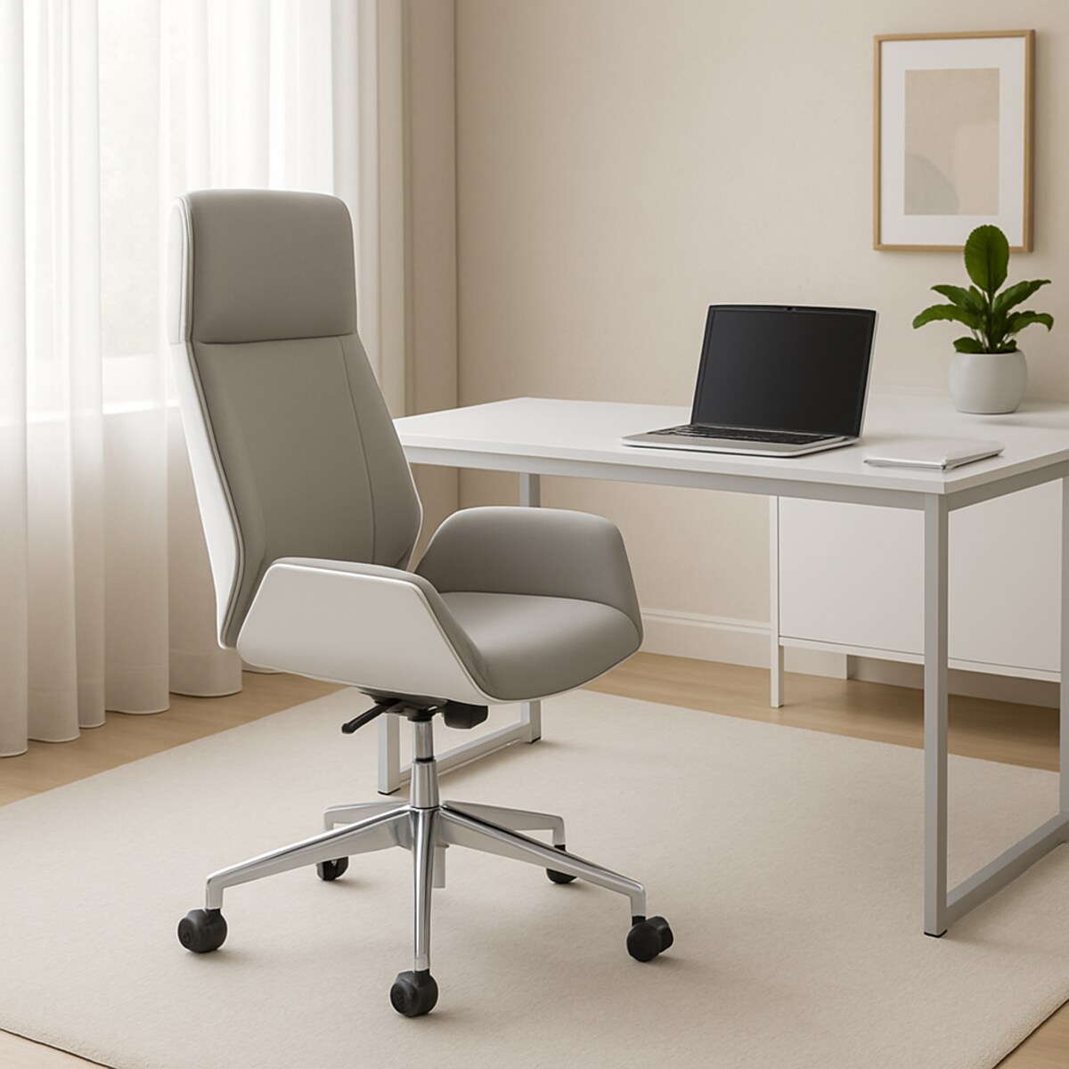 Fotel obrotowy biurowy biało szary srebrna noga Luxury Premium
