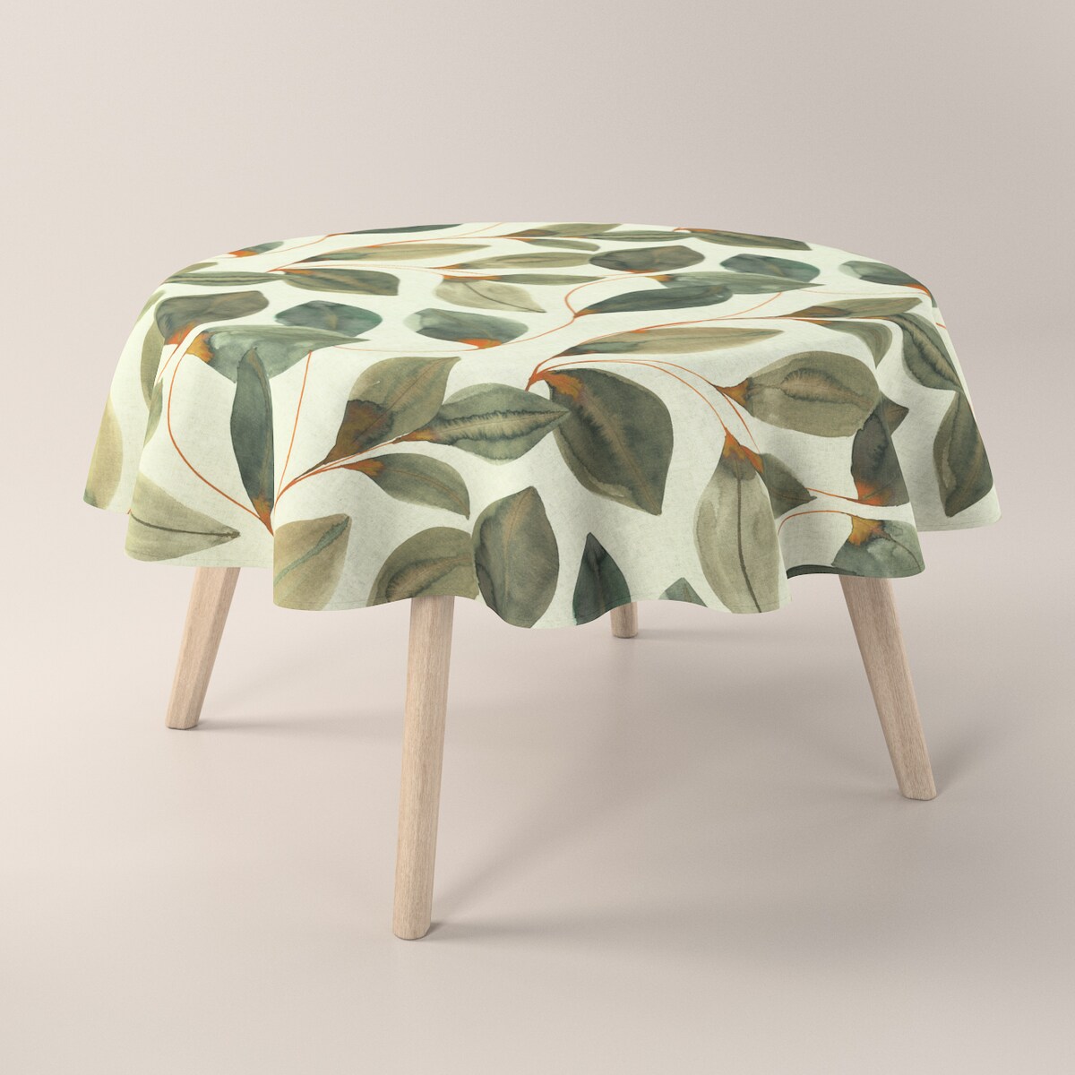 Obrus okrągły 160 x 160 cm brązowo-pomarańczowe liście na szarym lnianym tle