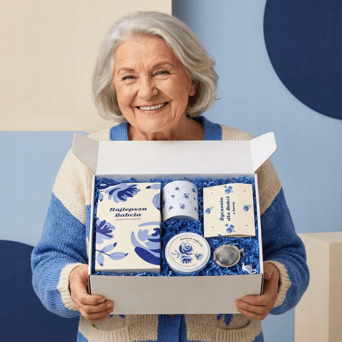 ZESTAW PREZENTOWY UPOMINKOWY BOX PREMIUM NA DZIEŃ BABCI KAWY HERBATY SYPANE KUBEK ŚWIECA SOJOWA ZAPACHOWA ZAPARZACZ PREZENT UPOMINEK