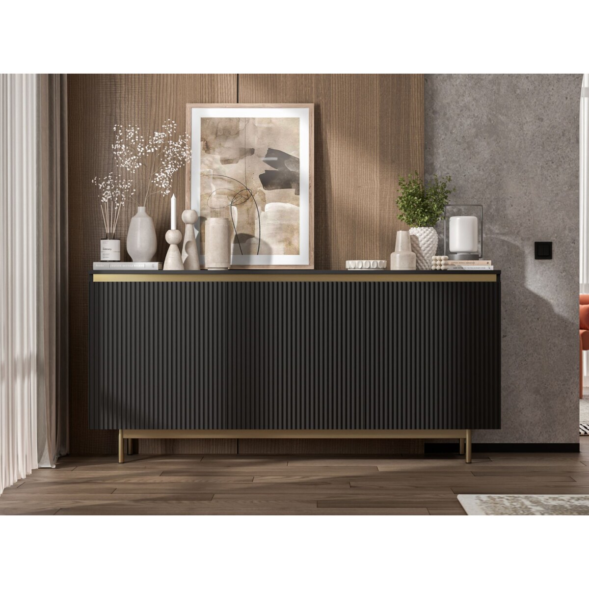 Komoda RTV Glamour 167 cm czarna matowa ryflowane fronty złota rama