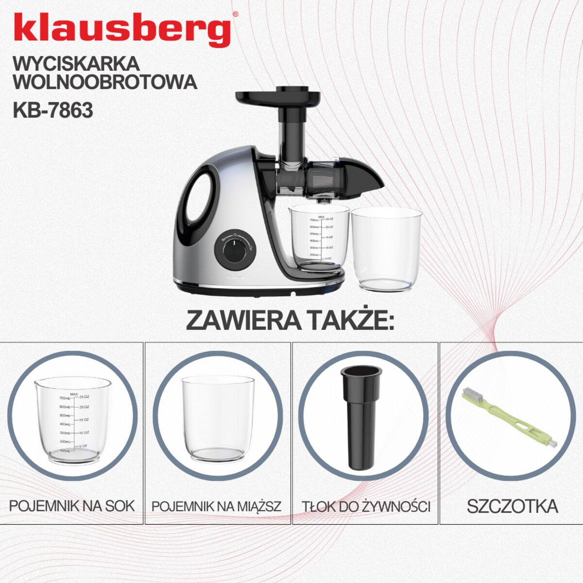 Sokowirówka wolnoobrotowa 150W do owoców i warzyw COLD PRESS KLAUSBERG KB-7863