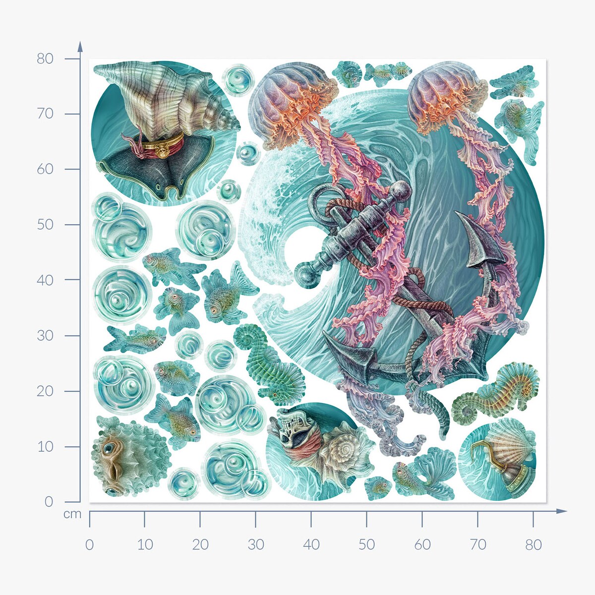 Zestaw naklejek na ścianę, Świat meduzy, 80cm