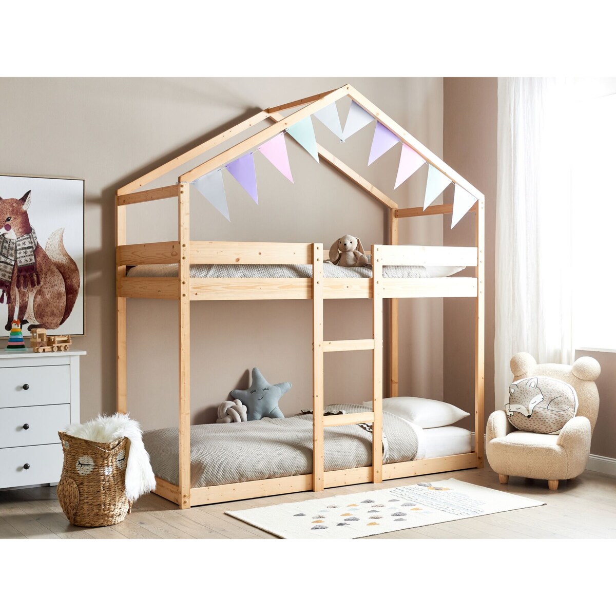 Łóżko piętrowe dziecięce domek drewniane 90 x 200 cm jasne LABATUT