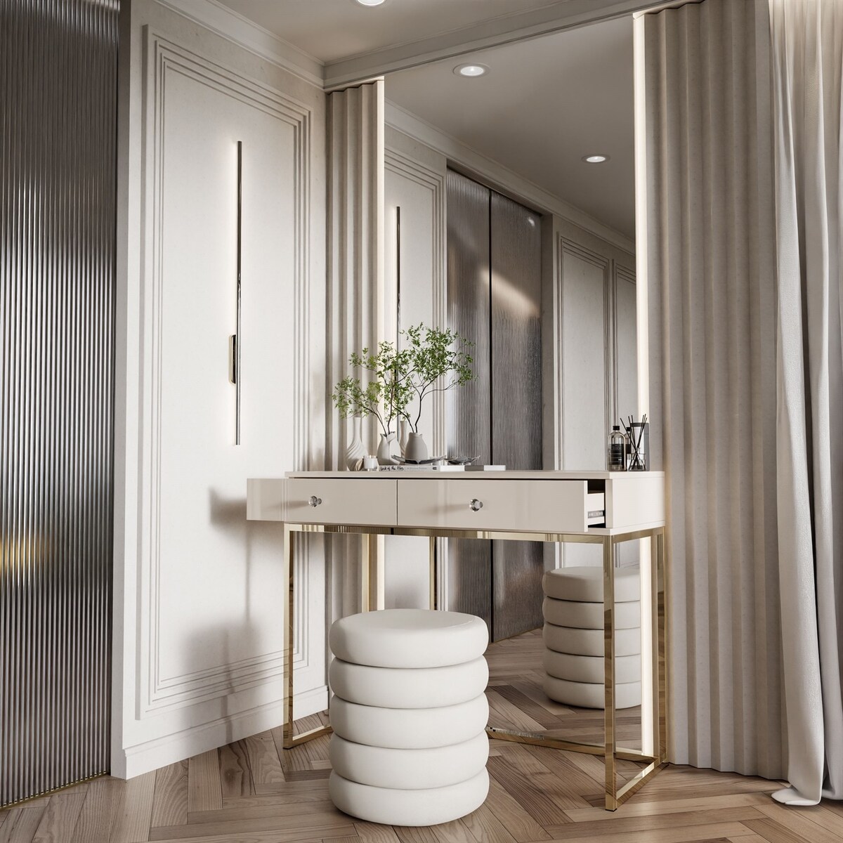 Konsola BLANCO GLAMOUR KASZMIR na złotym chromowanym stelażu, uchwyt biały kryształ