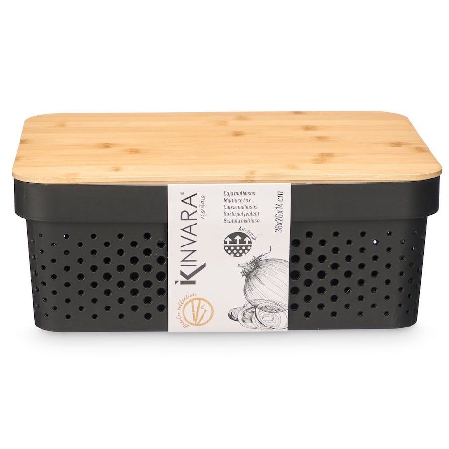 Plastikowy pojemnik z bambusową pokrywą, 36 x 26 x 14 cm