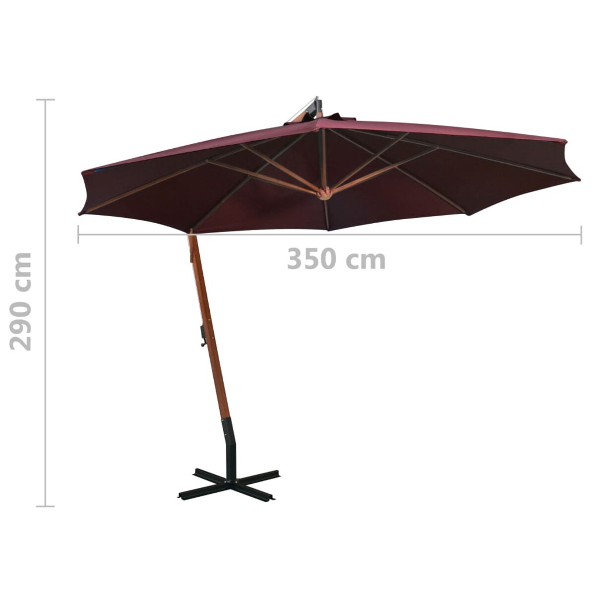 vidaXL Parasol ogrodowy wiszący, jodłowy słupek, bordowy, 3,5x2,9 m
