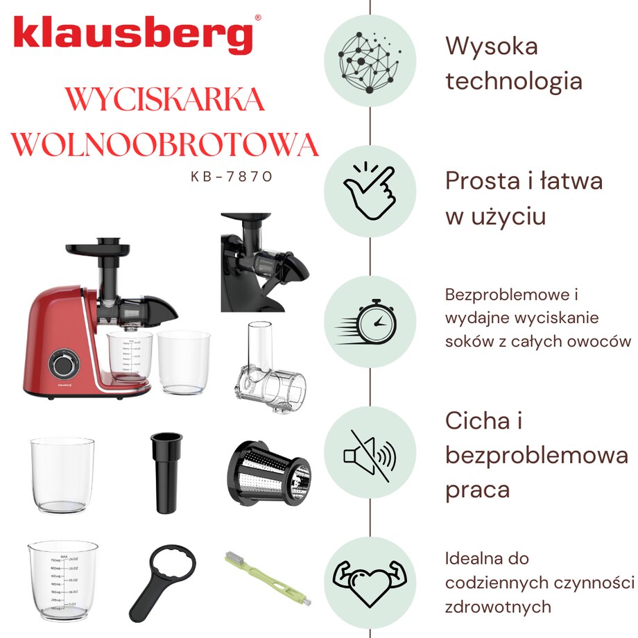 Sokowirówka wolnoobrotowa 150W do owoców i warzyw COLD PRESS KLAUSBERG KB-7870
