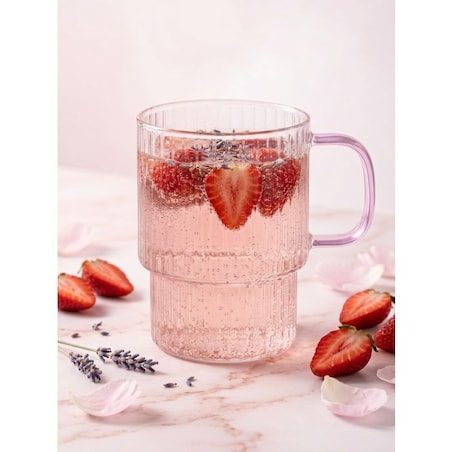 Dwie szklanki ryflowane z różowym uchem 350ml Livio 1821