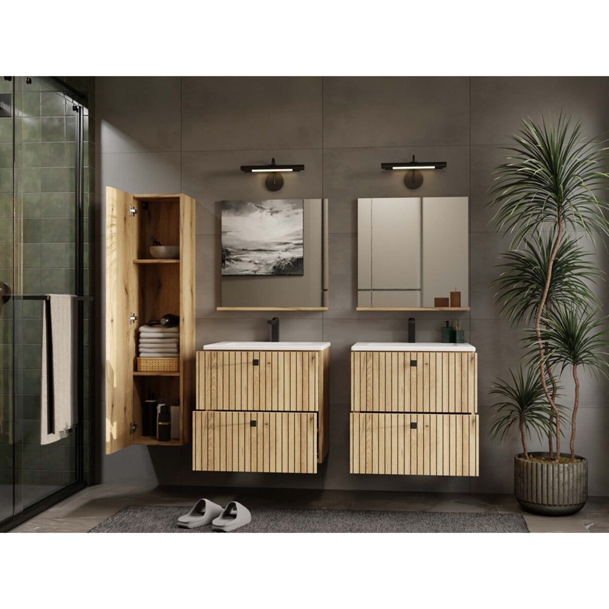 SZAFKA ŁAZIENKOWA WISZĄCA SŁUPEK REGAŁ TIGO 1D DĄB EVOKE RYFLOWANY FRONT