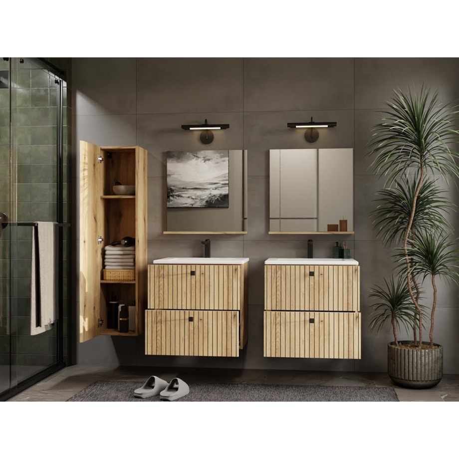 SZAFKA ŁAZIENKOWA WISZĄCA SŁUPEK REGAŁ TIGO 1D DĄB EVOKE RYFLOWANY FRONT