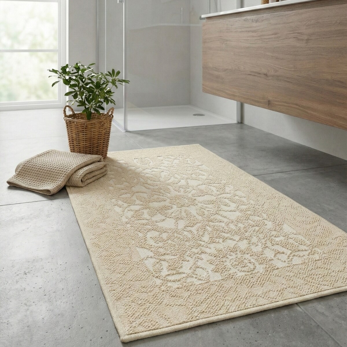 Zestaw 2 szt Dywan bawełniany 73x135 cm Lino antypoślizgowy egipski do prania pokoju łazienki Ornament beżowy