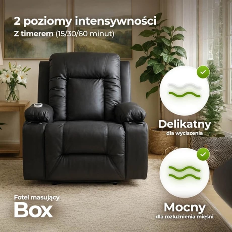Fotel Rozkładany Wypoczynkowy Do Spania Masaż Ekoskóra BOX Czarny