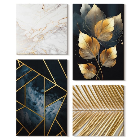 Zestaw 4 obrazów na płótnie - Nowoczesne wzory roślinne - granatowy