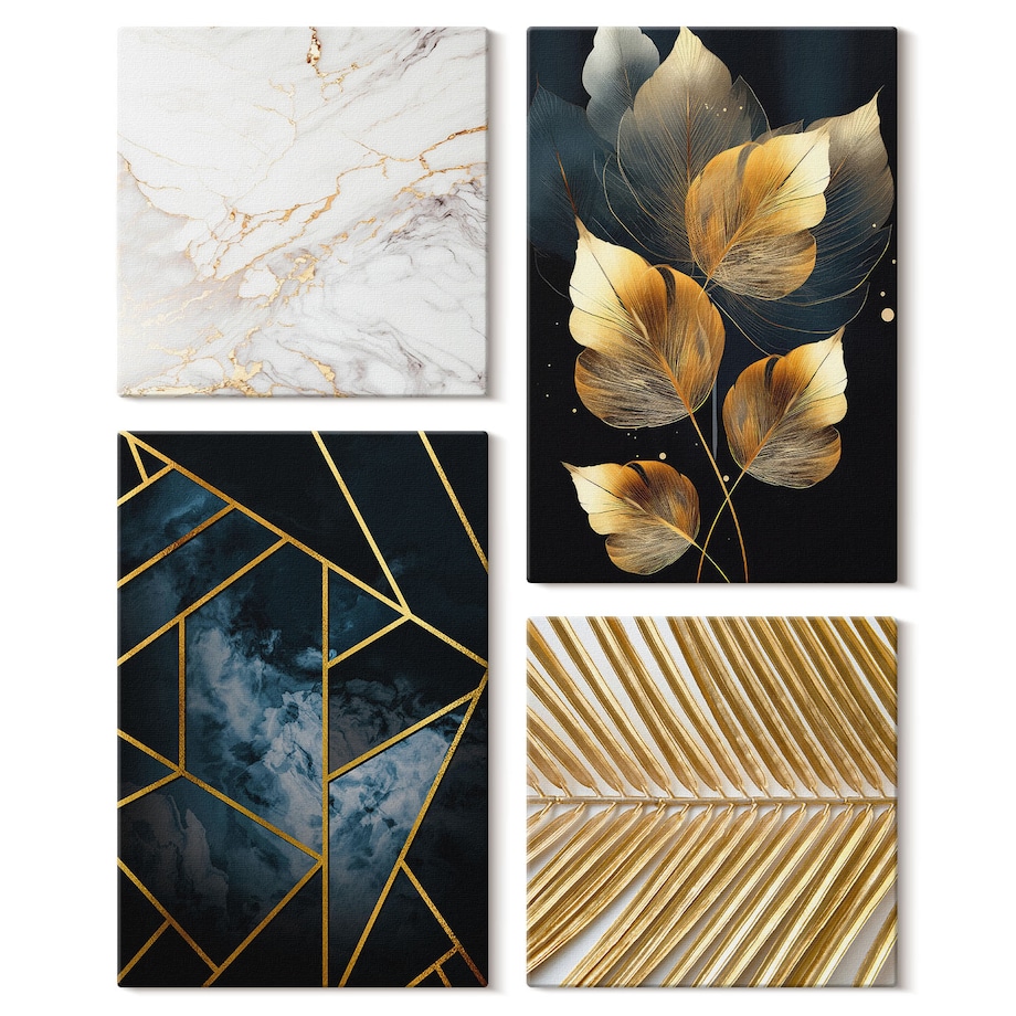 Zestaw 4 obrazów na płótnie - Nowoczesne wzory roślinne - granatowy
