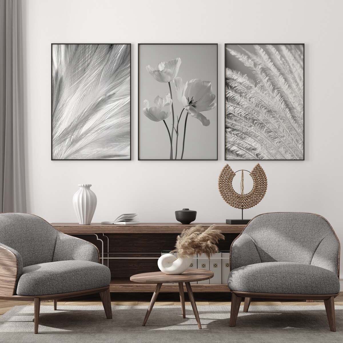 ZESTAW 3X PLAKAT W RAMIE CZARNO-BIAŁE PIÓRA TULIPANY KWIATY DO SALONU 60x80cm