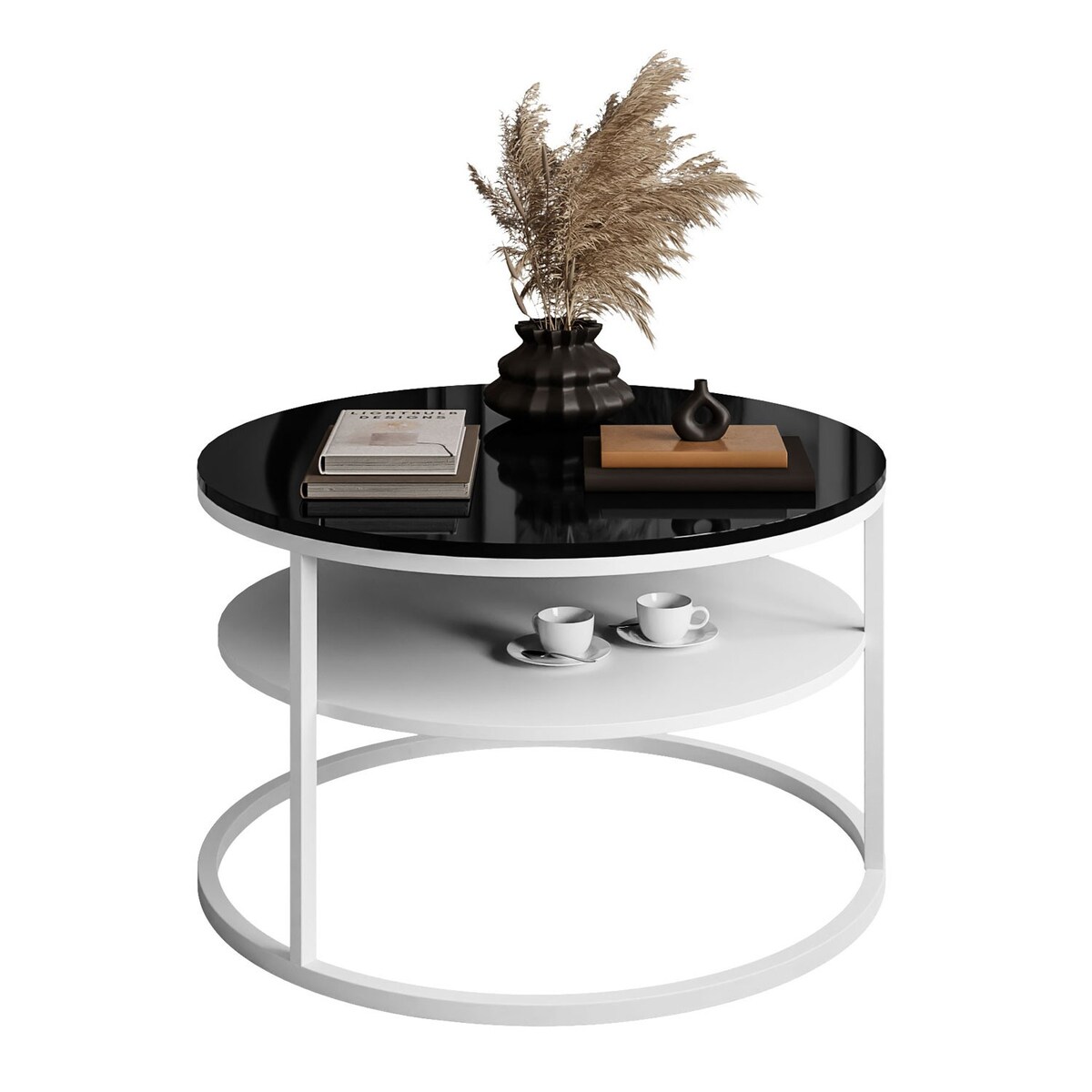 Stolik kawowy CIRI z półką biały czarny połysk