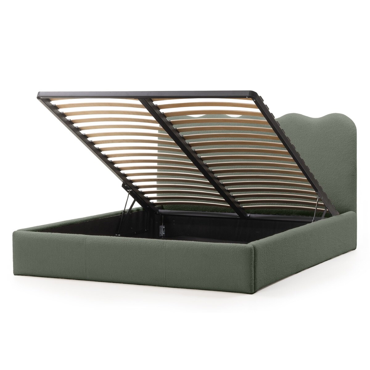 Łóżko 160x200 cm ze stelażem i pojemnikiem bouclé ciemnozielone
